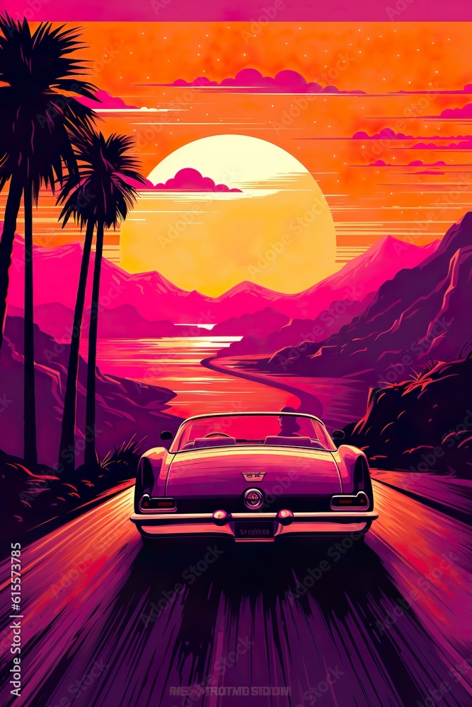 The image depicts a retro-style car driving into a vibrant sunset, with palm trees and mountains visible in the distance.