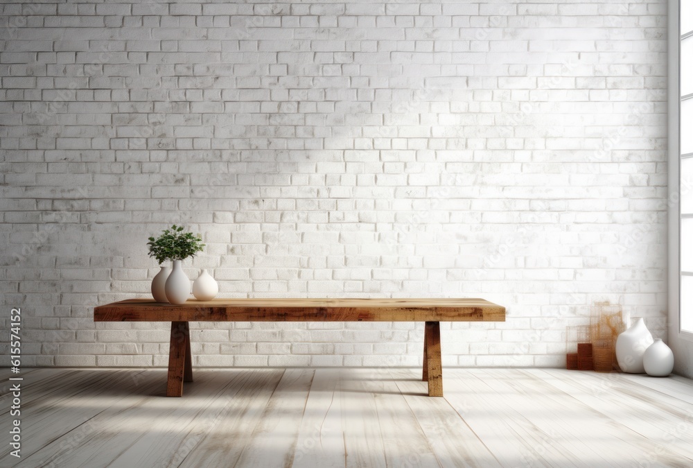 Rustic Exposed Brick Wall with Worn Farmhouse Table Minimalist Product Backdrop Background Neutral Minimalist Simple Minimal Color, Beige, Tan, White, Vase Rustic Exposed Brick Wall with Worn Farmhouse Table Minimalist Product Backdrop Background Neutral Minimalist Simple Minimal Color, Beige, Tan, White, Vase