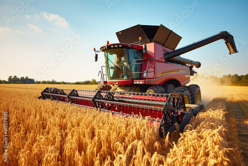 Harvester combine working on a field in afternoon, front wide angle view, golden wheat field foreground - agriculture concept. Generative AI