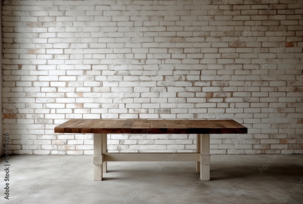 Rustic Exposed Brick Wall with Worn Farmhouse Table Minimalist Product Backdrop Background Neutral Minimalist Simple Minimal Color, Beige, Tan, White, Vase Rustic Exposed Brick Wall with Worn Farmhouse Table Minimalist Product Backdrop Background Neutral Minimalist Simple Minimal Color, Beige, Tan, White, Vase
