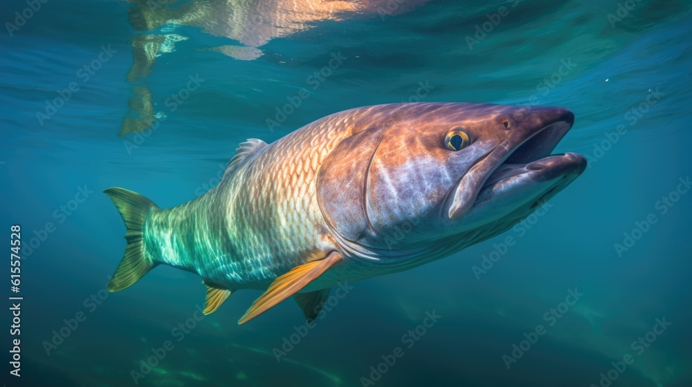 Fototapeta premium Tarpon Fish Swimming Just Below the Surface of the Aqua-Colored Water