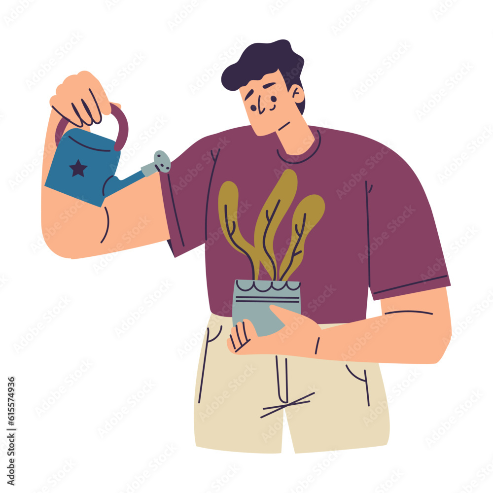 Happy Man Character Watering Houseplant in Pot Enjoying His Hobby Vector Illustration Happy Man Character Watering Houseplant in Pot Enjoying His Hobby Vector Illustration