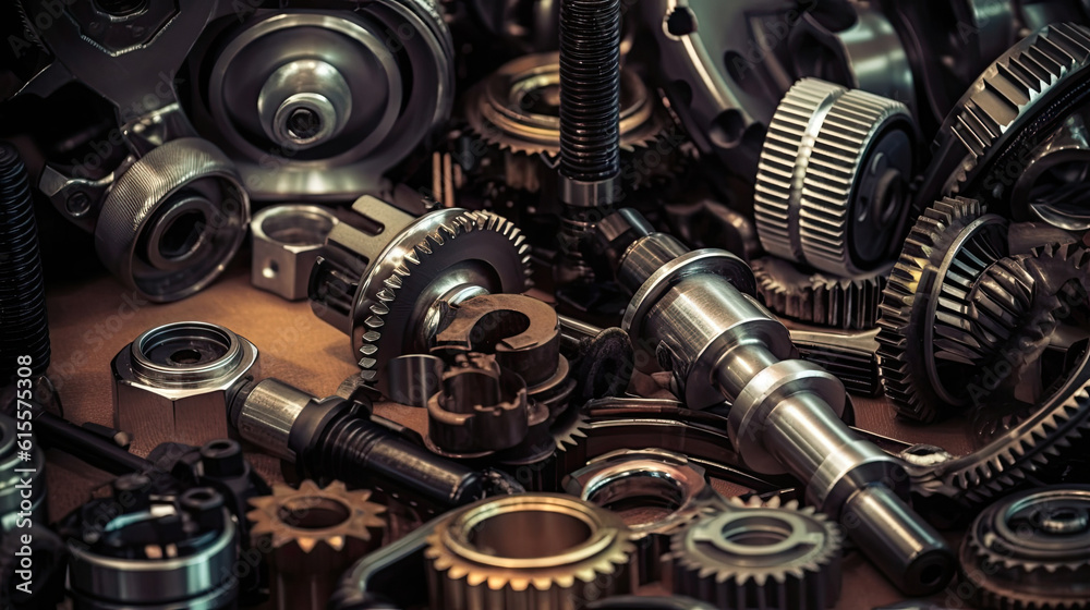 Close up of tetallic gears and auto parts Close up of tetallic gears and auto parts