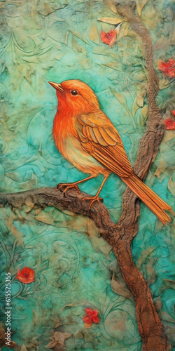 Abstract colorful oil, acrylic painting of bird and spring flower.