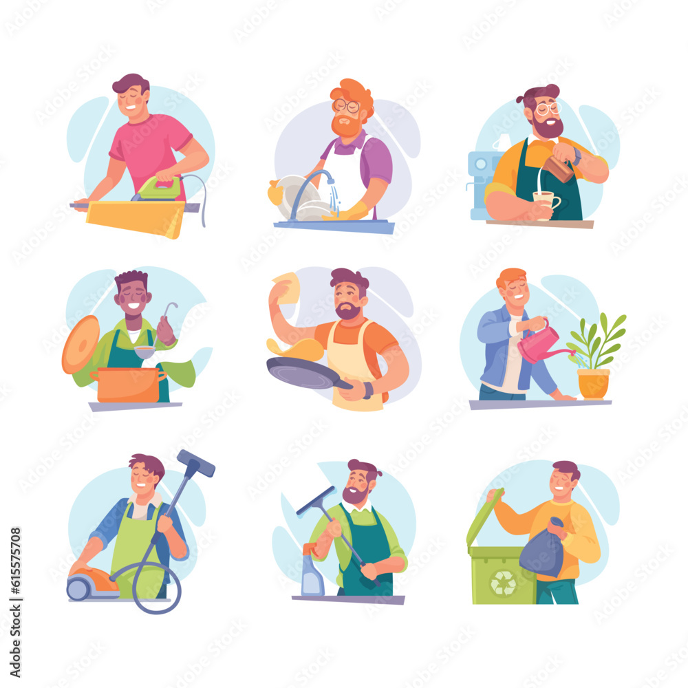 Man Characters Doing Housework and Household Activity Vector Set Man Characters Doing Housework and Household Activity Vector Set