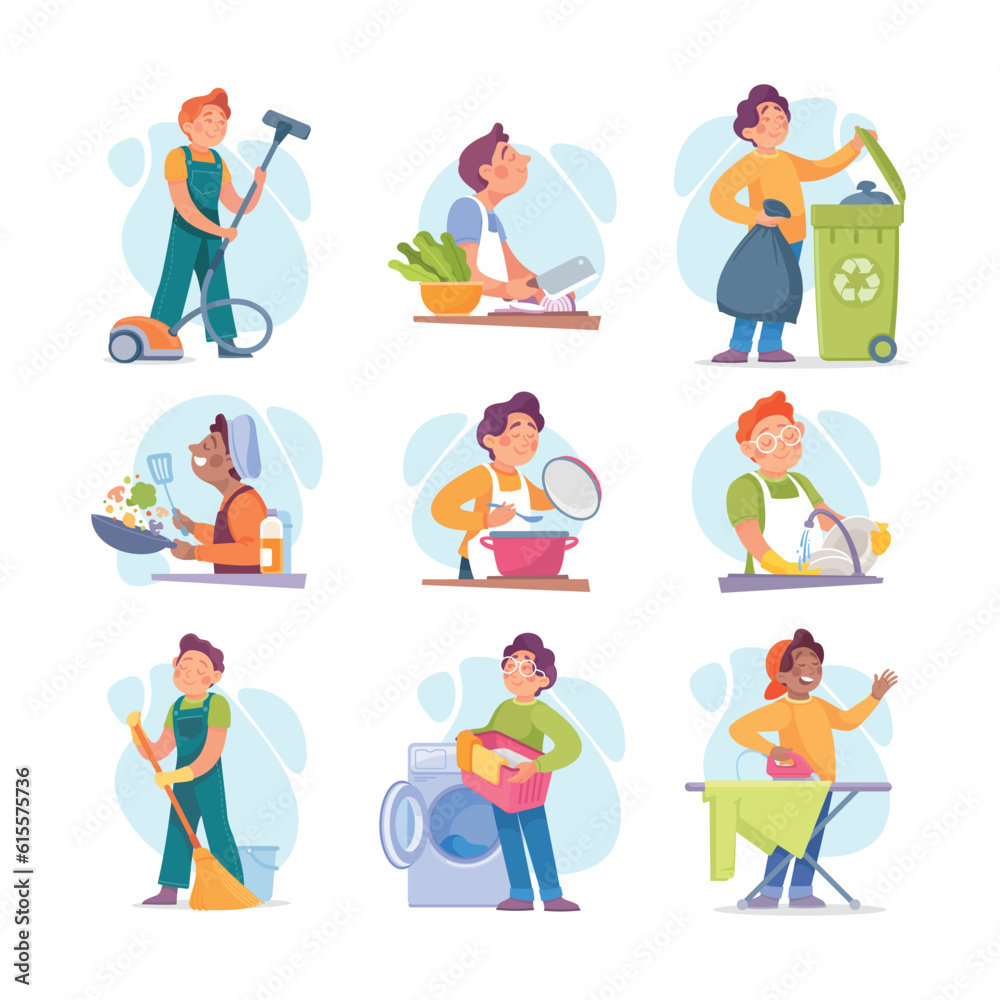 Man Characters Doing Housework and Household Activity Vector Set Man Characters Doing Housework and Household Activity Vector Set