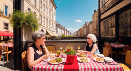 An old woman or grandmother with gray hair is sitting at a table in a street restaurant against the background of an old European city on a sunny day in summer. Generative AI. © Sergiy