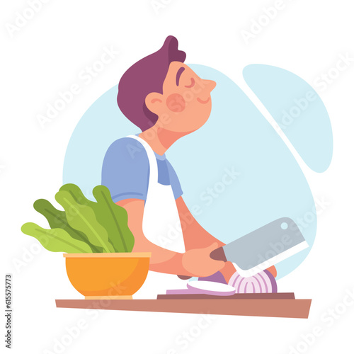 Man Character Doing Housework Cooking Salad Cut Onion with Knife Vector Illustration