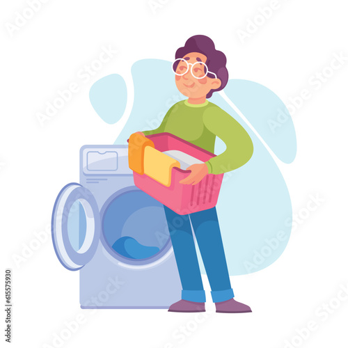 Man Character Doing Laundry as Housework Vector Illustration