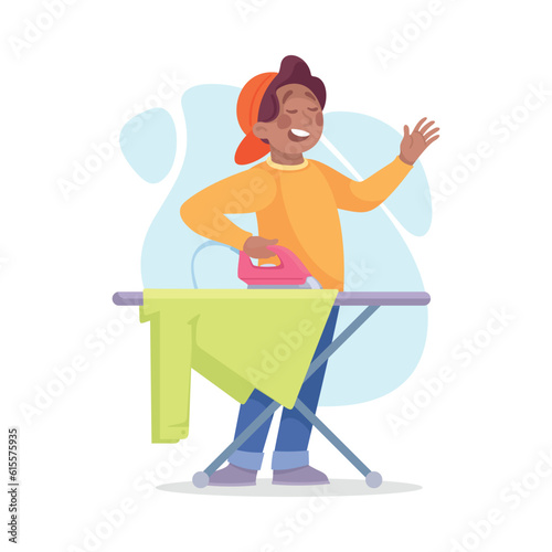 Man Character Doing Housework Ironing Clothes Vector Illustration