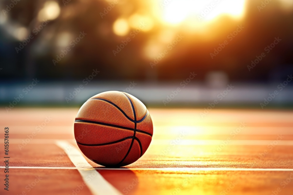 A close up on a basketball on a outdoor court. Generative AI. A close up on a basketball on a outdoor court. Generative AI.