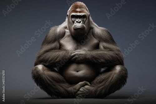 A gorilla in a funny yoga pose. Generative AI. © jlfsousa