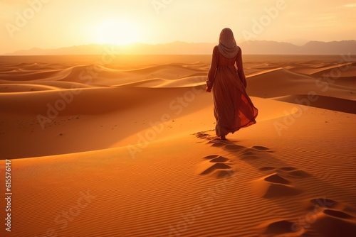 Arabian woman walk in the desert sand and dunes at sunset. Generative AI. photo