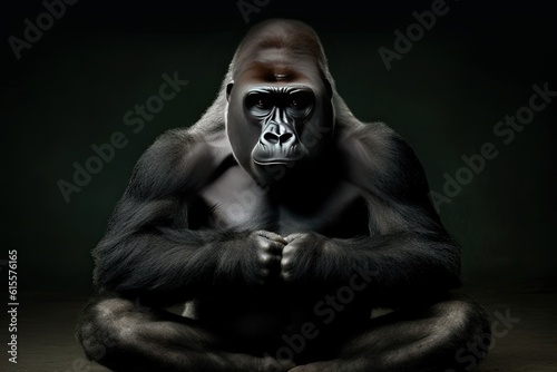 A gorilla in a funny yoga pose. Generative AI.