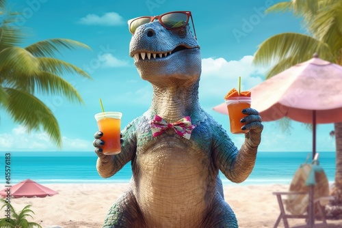 A dinosaur t-rex on the beach with sunglasses and summer drink. Generative AI. © jlfsousa