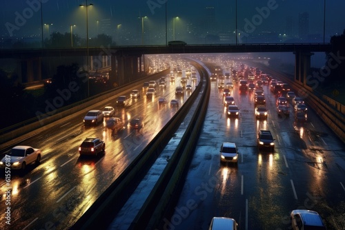 Traffic on highway at night. Generative AI.