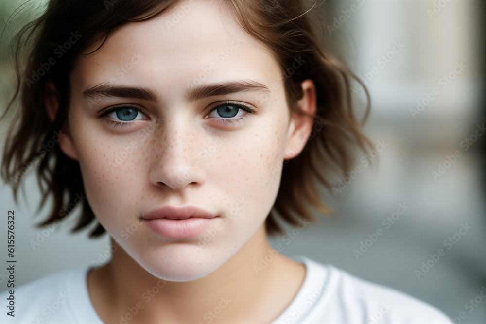 Portrait of a beautiful young cute freckled girl with short messy hair with blue eyes wearing a white t-shirt outdoors. Generative AI.