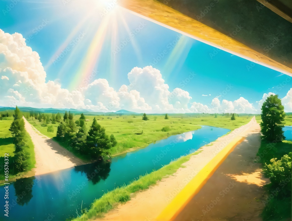 The sun shines, the path and grassland by the river. Created with Generative AI Technology.