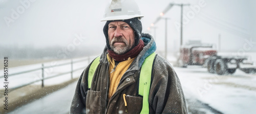 Worker man in builders jacket and hard hat helmet, blurred pipes background, cold winter atmosphere. Natural gas pipeline engineer as imagined by Generative AI