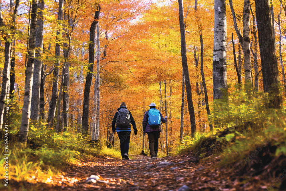 Couple with backpacks walking on path in autumn season forest Couple with backpacks walking on path in autumn season forest