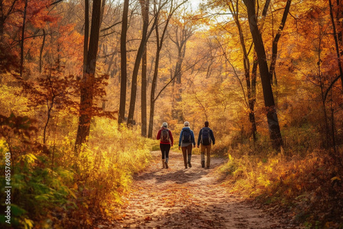 Couple with backpacks walking on path in autumn season forest © Simonforstock