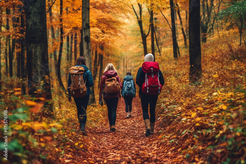Couple with backpacks walking on path in autumn season forest