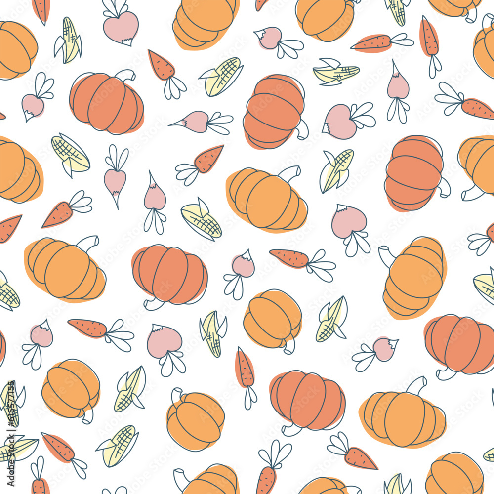 Seamless pattern of pumpkin and other vegetables. Pumpkin, carrot, radish, beet. Vegetable print. A pattern of simple elements. Vector illustration.