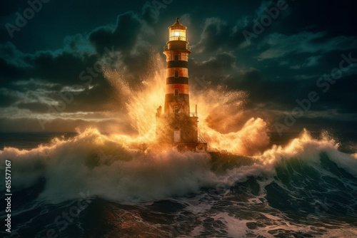 Lighthouese on stormy sunset 