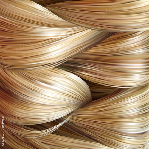 Background of female blond braided hair. Vector realistic illustration. Shiny, healthy hair. Advertisement for shampoo, conditioner, hair dye or masks.