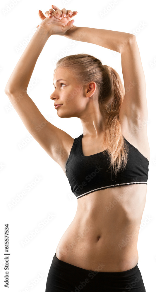 Athletic fitness model wearing a sports bra and in a stretching pose