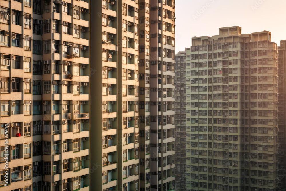 Buildings in a neighborhood with sunlight reflected in their windows