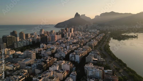 View of Ipanema and Leblon District Buildings and Mountains by Sunset in Rio de Janeiro, Brazil