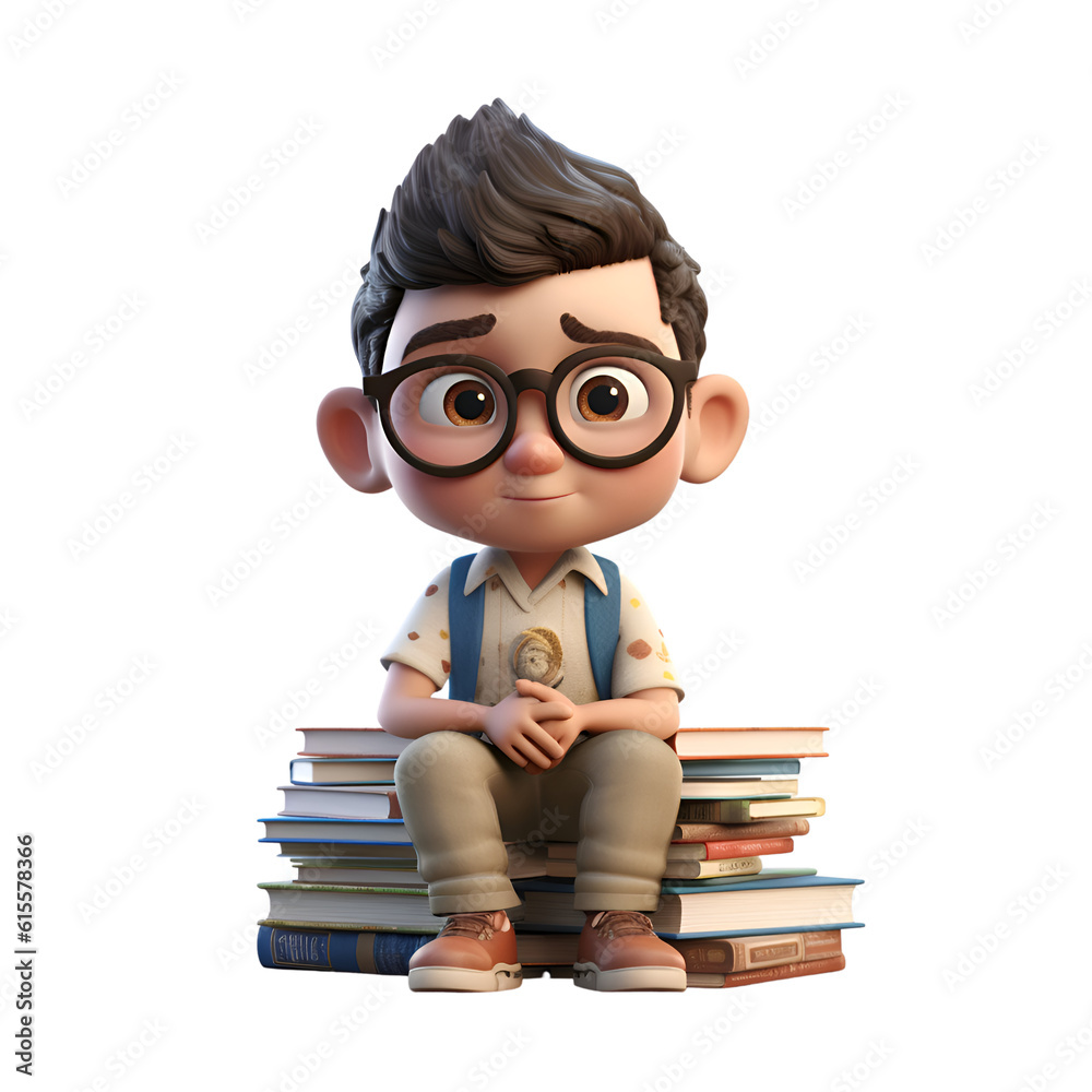 3d Render of Little boy with glasses and backpack sitting on books