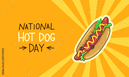 National Hot Dog Day. Banner with an inscription and a hot dog. Vector cartoon illustration with stroke
