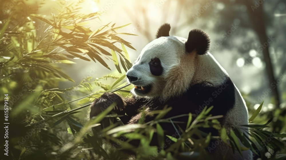 Fototapeta premium A giant panda eating bamboo