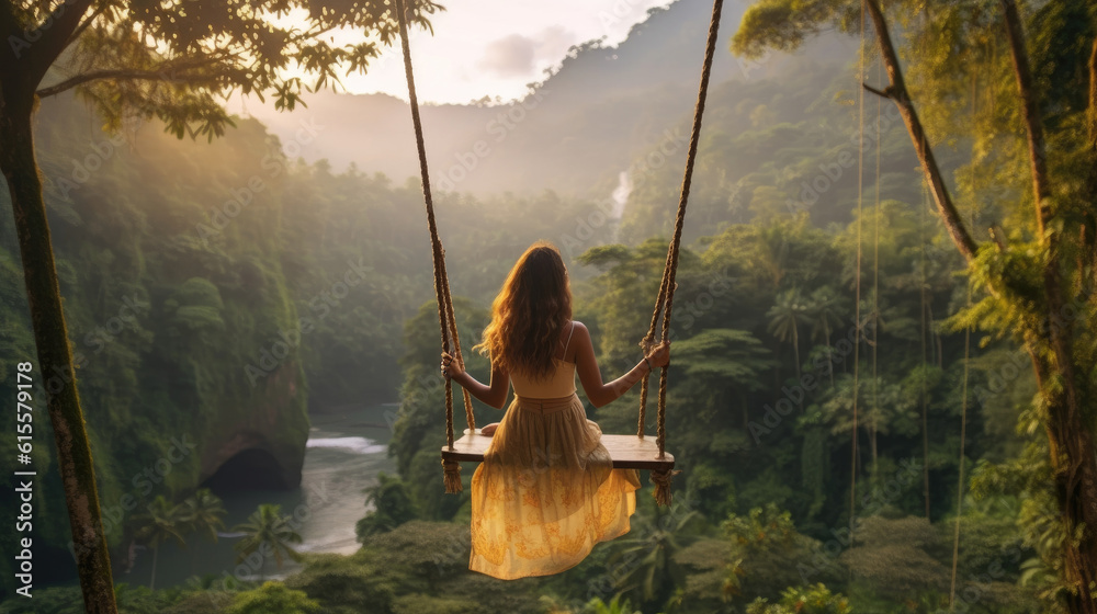 Beautiful girl enjoying freedom on swing in Bali, Indonesia - obrazy, fototapety, plakaty 