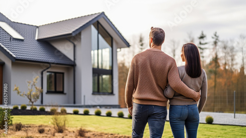 Happy young couple standing in front of new home - Husband and wife buying new house. Real estate concept.
