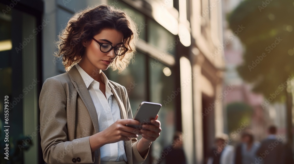 Close-up image of business woman watching smart mobile phone device outdoors. Businesswoman networking typing an sms message in city street.