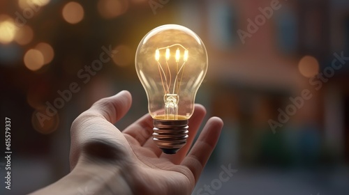 Hand holding light bulb on soil with sunshine. Concept saving power energy in nature.