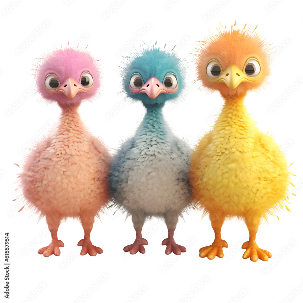 Three little chickens standing in a row on a white background. 3d render
