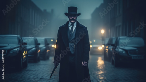 Jack the Ripper on the street in London created with generative AI technology photo