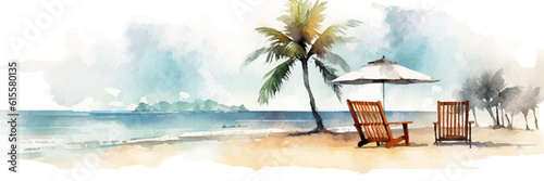 Abstract watercolor landscape with seascape, palm and lounge chair. Hand drawn illustration for your design and background with teal green and deep blue colors.	