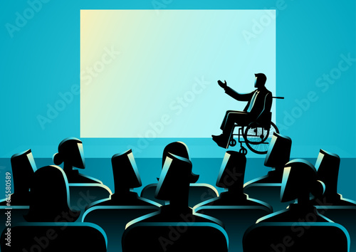 Businessman in a wheelchair gives a presentation in a forum, disabilities in workplace environments concept, vector illustration