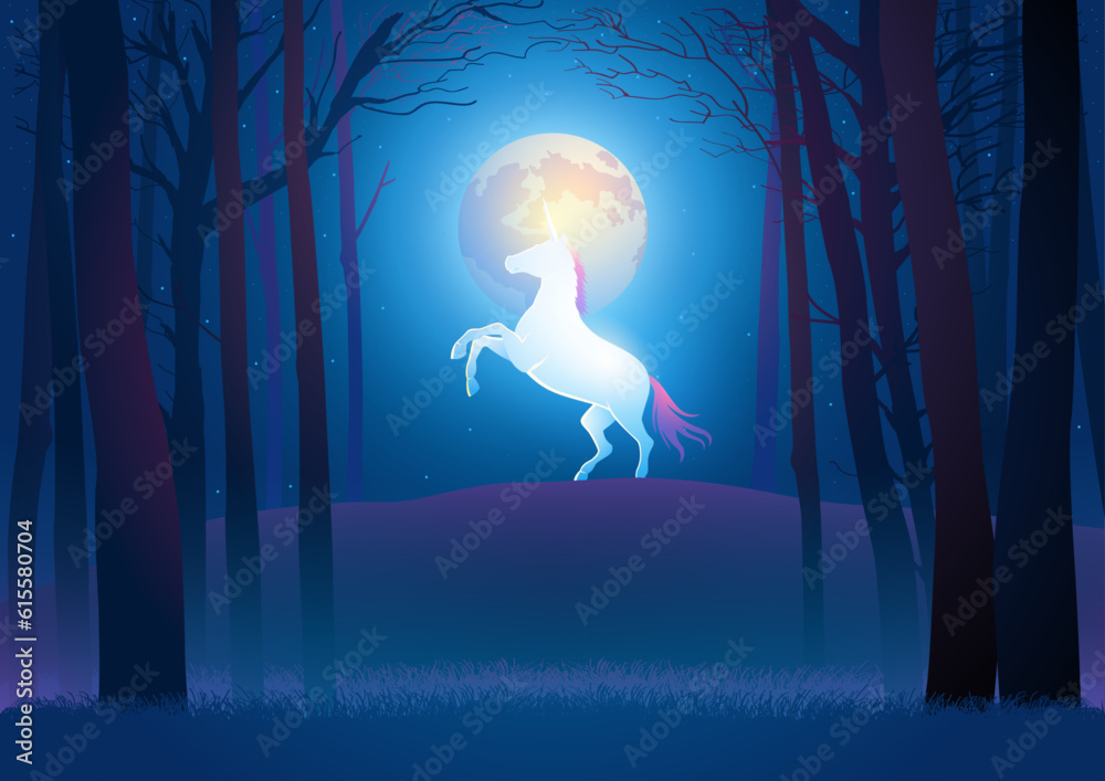 Beautiful scenery of a unicorn during full moon in the woods, vector ...