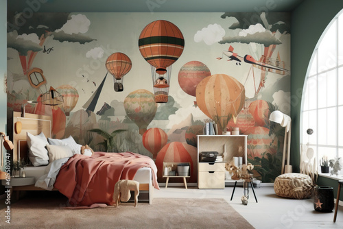 Creative and bright eco design of a children's room. Bright fantasy wallpaper on the wall of baby room. Adventure theme. Photorealistic illustration.