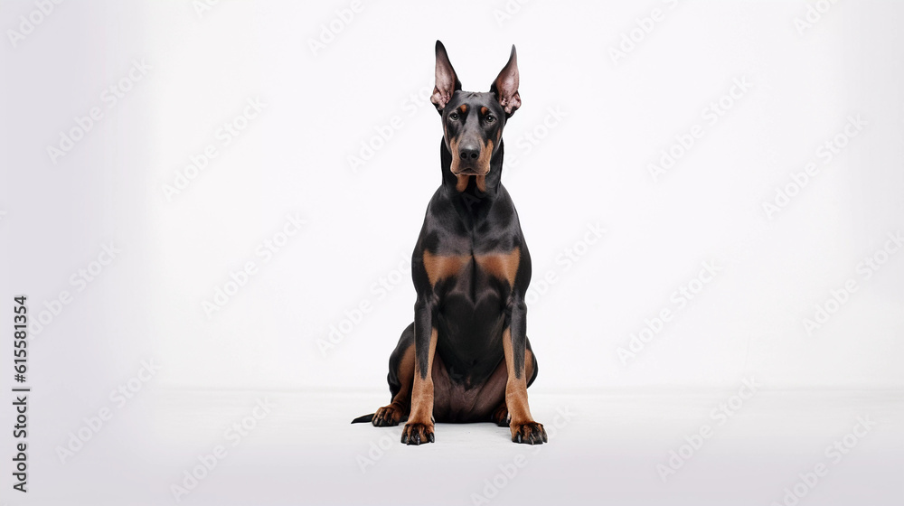 Doberman Pinscher Dog sitting on its own with a white plain background