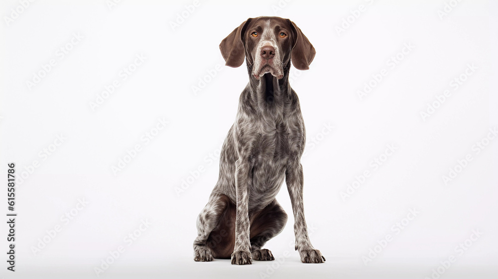 German Shorthaired Pointer Dog sitting on its own with a white plain background