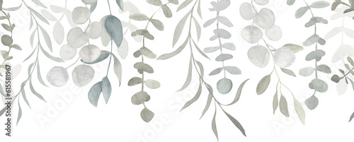 Grey and dusty green watercolor eucalyptus frame seamless banner. Spring and winter botanical border illustration for wedding  greeting card  wreath  website. Botanical foliage background
