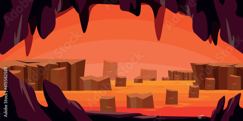 Vector illustration of a beautiful and bright cave landscape. Cartoon scene with a wonderful landscape of a hot cave with an orange sky, rocks, cliffs, hot red, yellow earth. Fantastic landscape.