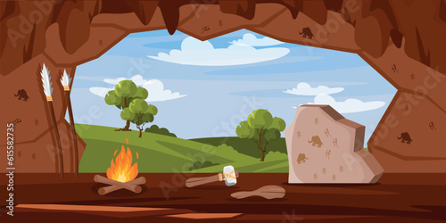 Vector illustration of a view from a cave of primitive people. Cartoon scene of the dwelling of primitive people with a bonfire, a stone ax, a wooden stick with stone drawings on the walls and nature.